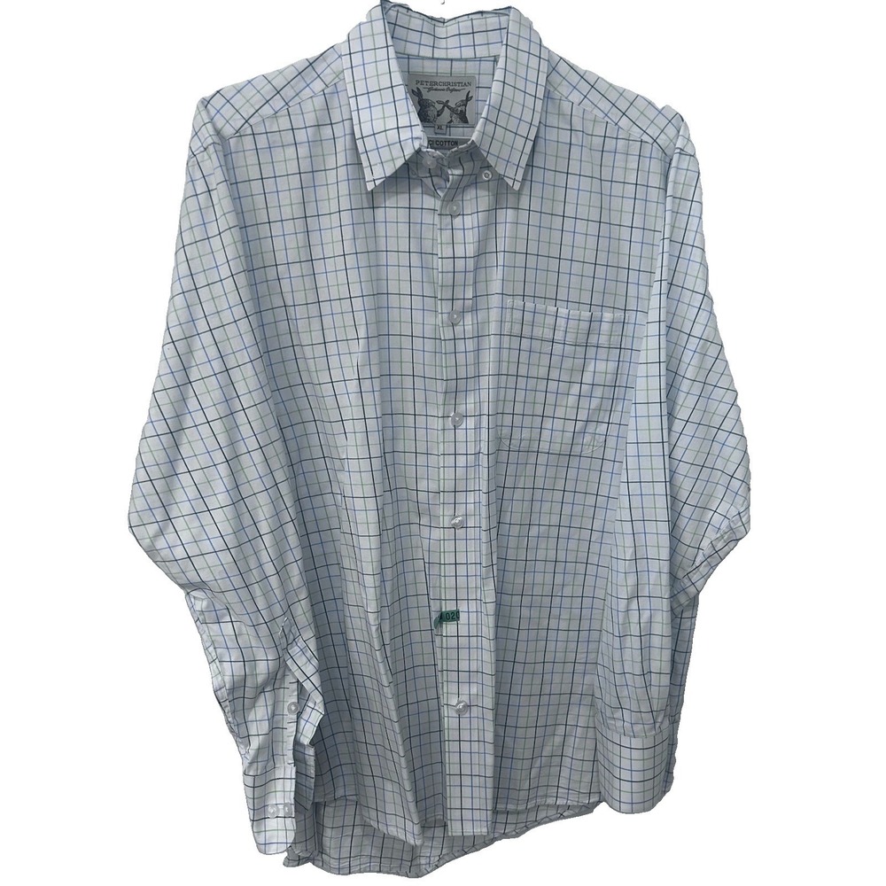 Peter Christian Cotton BCI White Blue Green Check‎ Button Down XL pocket Preppy